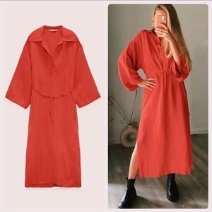 Zara SS21 Long Linen Blend Shirt Dress Red Belt Kaftan Tunic Size S